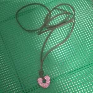 Pink Heart Pendant Necklace Faux Suede Brown Cord